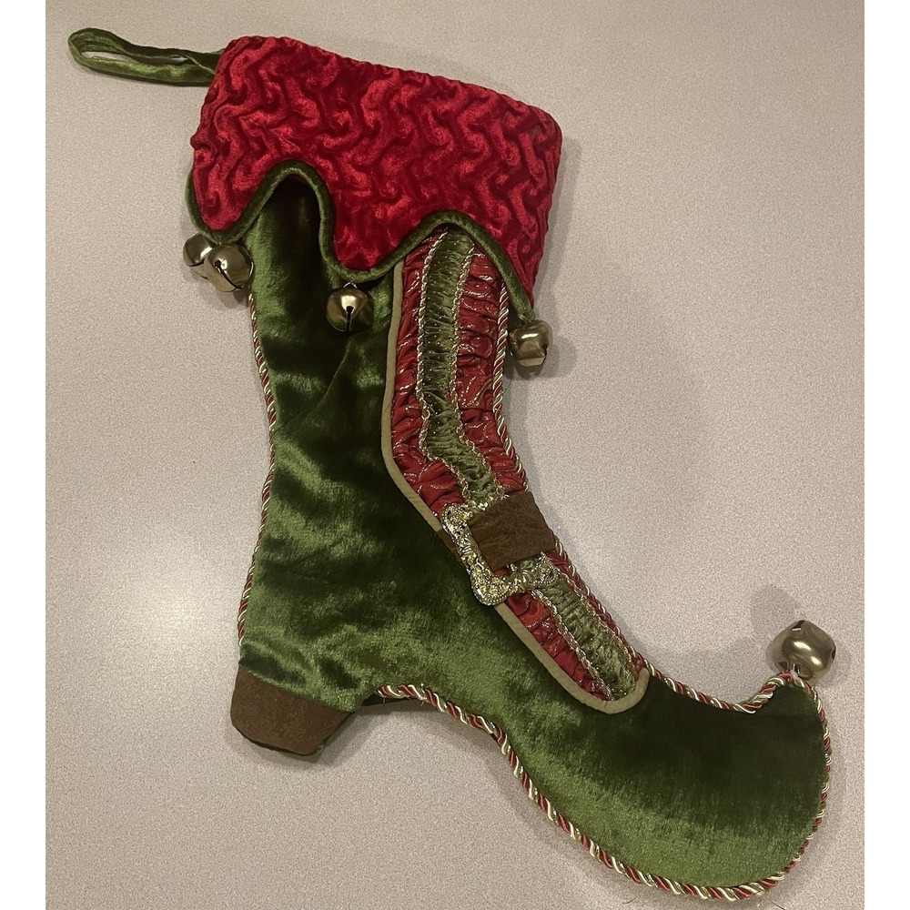 Christmas Stocking Elf Jester Velvet Boot Jingle Bells Green Red Gold Buckle 18"